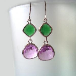 Green Onyx And Lilac Crystal Earrings. Purple And..