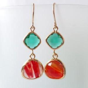 Emerald And Cayenne Orange Crystal Earrings...