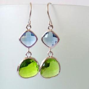 Lime Green And London Blue Crystal Earrings. Green..
