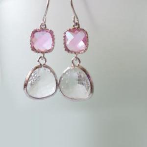 Pink And Clear Crystal Earrings. Pink And White..