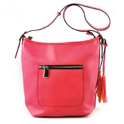Fuchsia Pink Leather Handbag. Pink Satchel. Pink..