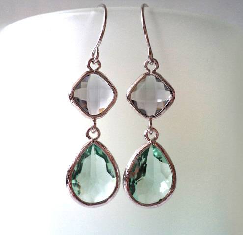 Charcoal And Erinite Crystal Earrings. Green And Grey Dangles. Grey And Aqua Chandeliers. Bridal, Bridesmaids Gifts.
