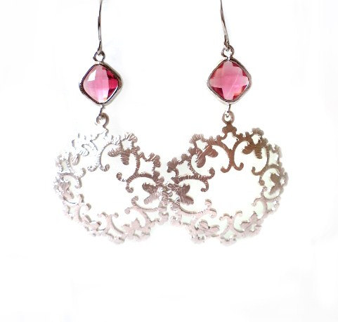 Fuchsia Crystal Earrings. Silver Filigree Earrings. Silver Dangles. Pink And Silver Chandeliers. Bridal Earrings, Bridesmaids Gift.