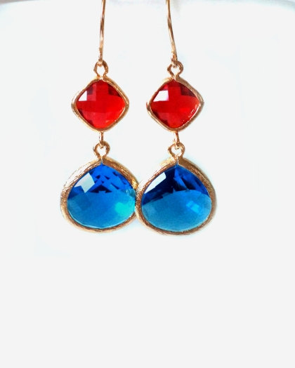 Cobalt Blue And Red Dangles. Red And Blue Earrings. Cobalt Blue And Ruby Red Chandeliers. Us Flag Earrings. Bridal, Bridesmaids Gift.