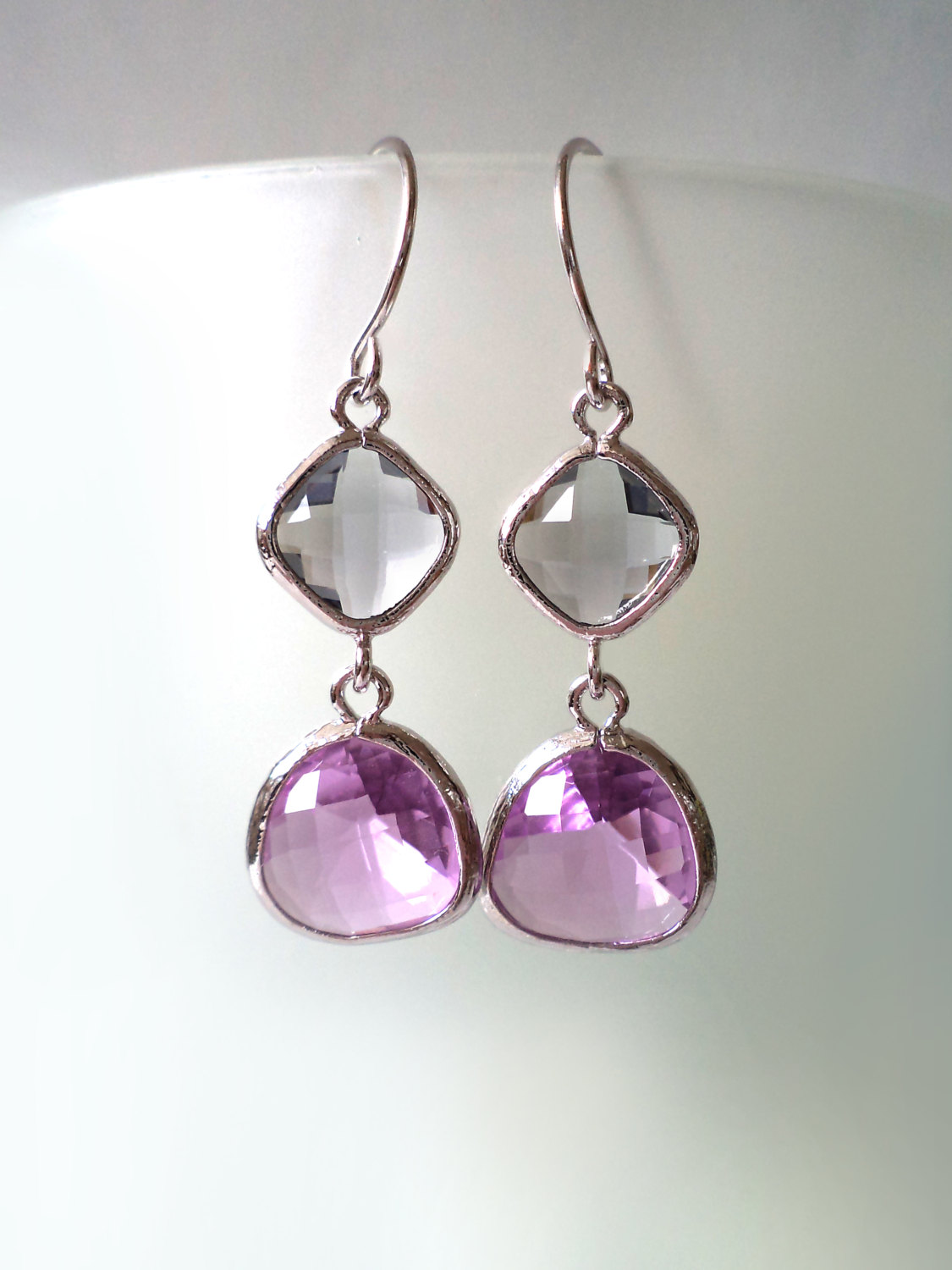 Charcoal And Purple Crystal Earrings. Lilac And Grey Dangles. Grey And Lavender Chandeliers. Bridal, Bridesmaids Gifts.