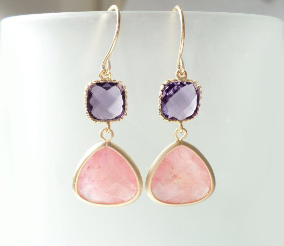 Pink And Purple Earrings. Pink And Purple Dangles. Pink And Violet Chandeliers. Rose Quartz. Amethyst Quartz. Bridal, Bridesmaids Gifts.