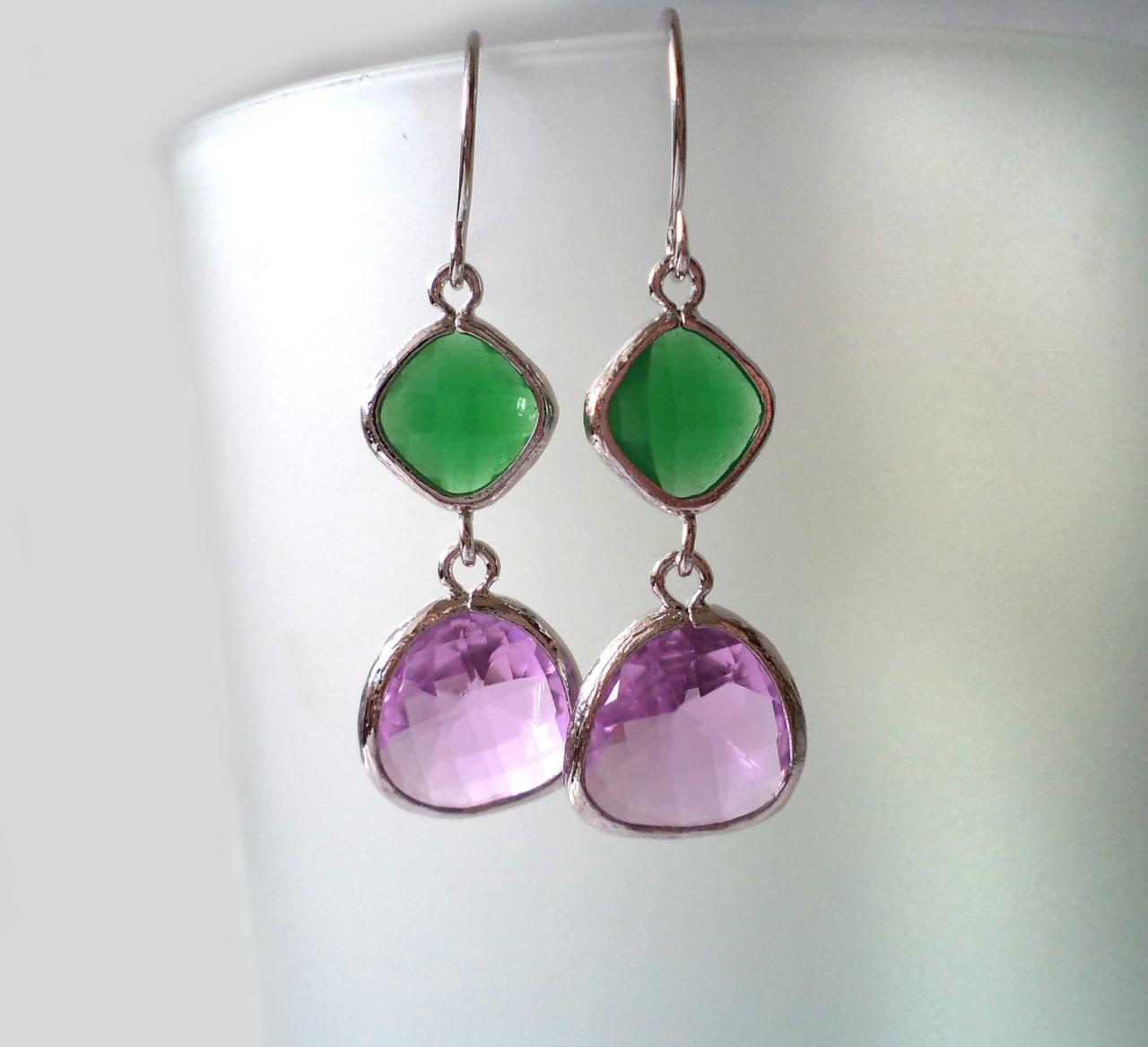 Green Onyx And Lilac Crystal Earrings. Purple And Green Dangles. Green And Lavender Chandeliers. Bridal, Bridesmaids Gifts.
