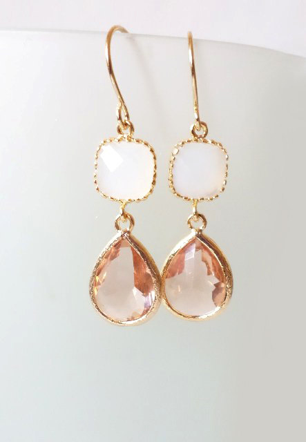 Peach And White Crystal Earrings. Peach And White Dangles. Nude And White Chandeliers. Bridal, Bridesmaids Gifts. Bridal Chandeliers.