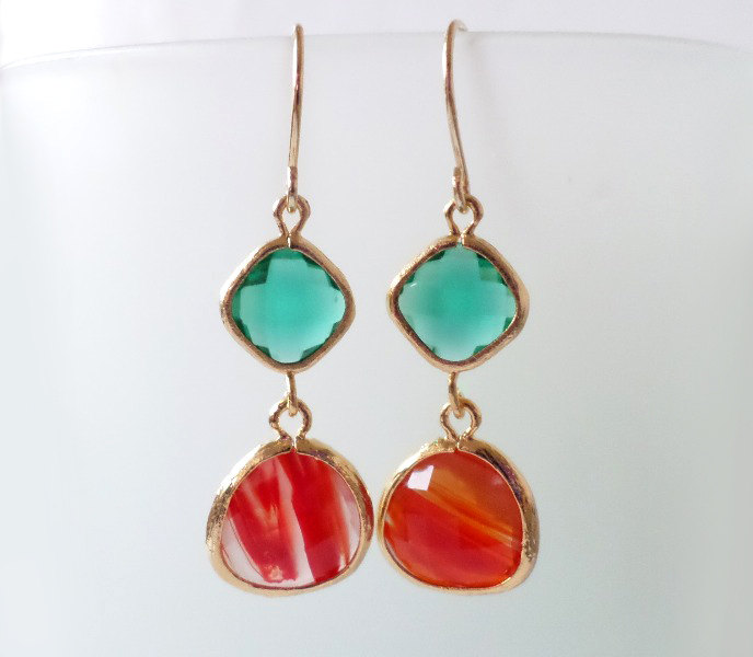 Emerald And Cayenne Orange Crystal Earrings. Orange And Emerald Dangles. Green And Orange Chandeliers. Bridal, Bridesmaids Gifts.