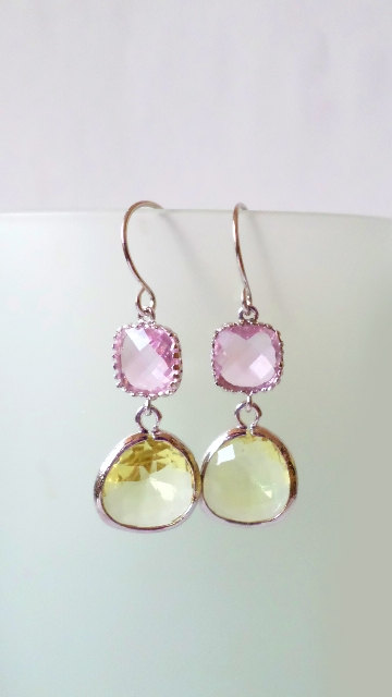 Pink and Lemon Crystal Earrings. Pink and Citrine Yellow Dangles. Transparent Chandeliers. Bridal, Bridesmaids Gifts.