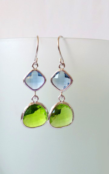 Lime Green And London Blue Crystal Earrings. Green And Blue Dangles. Apple Green And Aqua Blue Chandeliers. Bridal, Bridesmaids Gifts.
