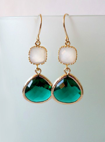 Emerald Green and White Opal Earrings. Emerald Dangles. Green Chandeliers. Emerald Crystal Chandeliers. Emerald and White Earrings.