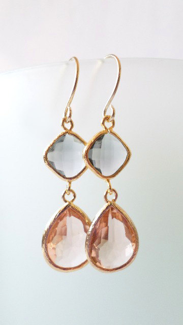 Peach And Charcoal Crystal Earrings. Peach And Charcoal Grey Dangles. Pink And Charcoal Grey Chandeliers. Bridal, Bridesmaids Gifts.