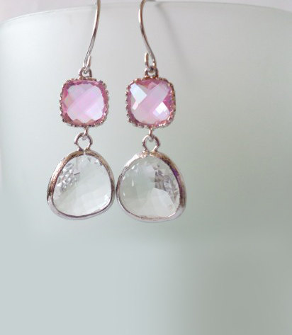 Pink And Clear Crystal Earrings. Pink And White Dangles. Pink And White Chandeliers. Bridal, Bridesmaids Gifts.
