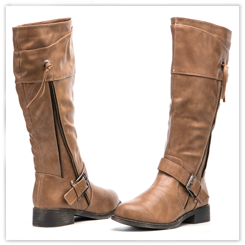 Beige Boots PU Leather Boots Flat Sole Boots Buckle Boots